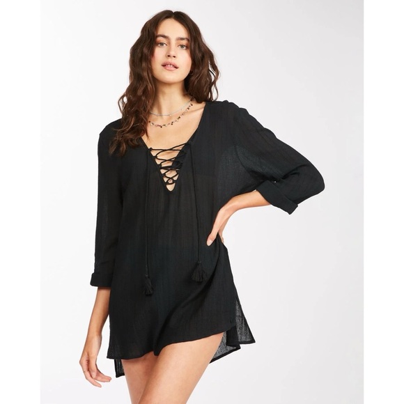 Billabong Lace-up Blue Skies Swim Beach Cover Up in Black Size M - Picture 1 of 14